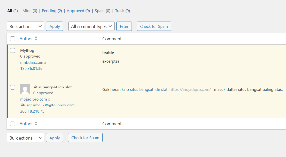 Example of Spam comments